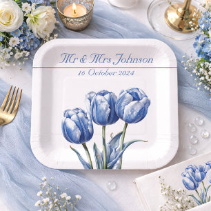 Assiettes En Carton Tulipes en bleu de Delft personnalisables