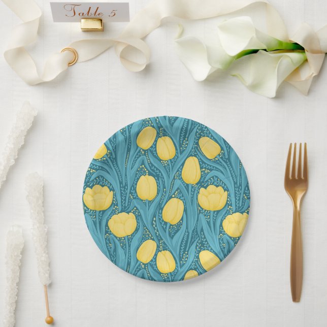 Assiettes En Carton Tulipes en bleu et jaune (Mariage)