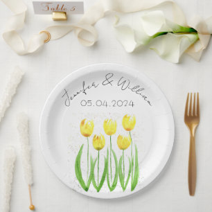 Assiettes En Carton Tulipes fleurs aquarelle Jaune Rustique Mariage