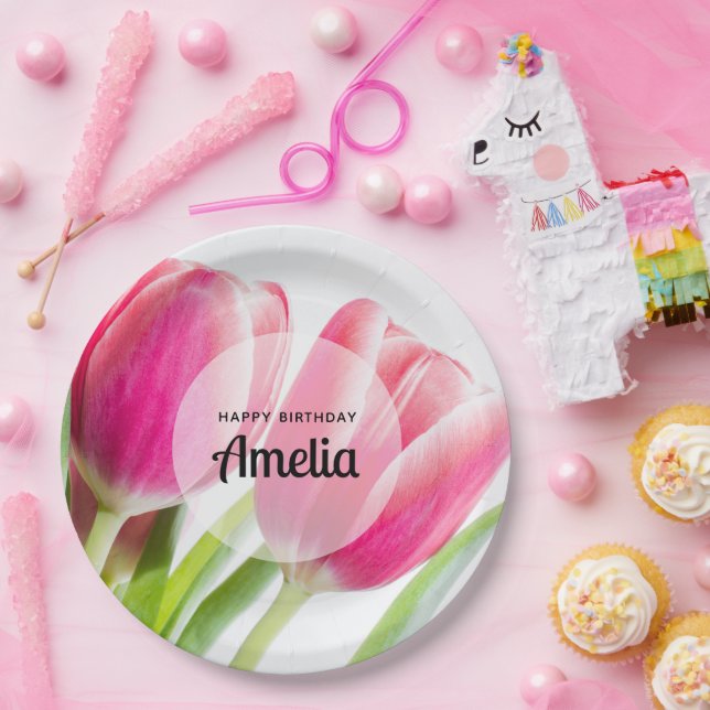 Assiettes En Carton Tulipes roses avec Feuilles verts Photo Anniversai (Fête)