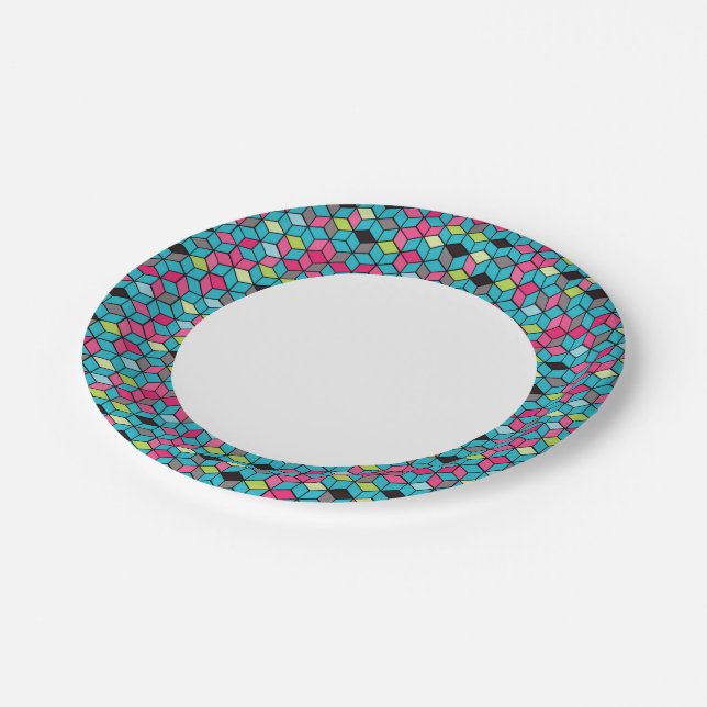 Assiettes En Carton Turqouise et Motif de Cube rose (Angle)
