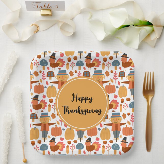 Assiettes En Carton Turquie et Scarecrow Thanksgiving Motif (Mariage)