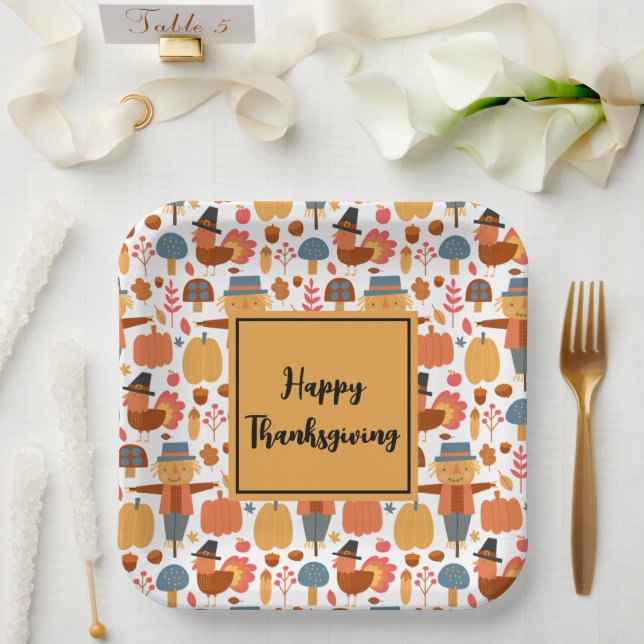 Assiettes En Carton Turquie et Scarecrow Thanksgiving Motif (Mariage)