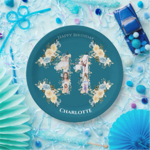 Assiettes En Carton Turquoise 11e anniversaire Photo Collage Fleur Jau