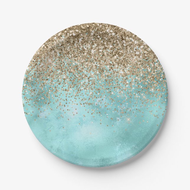 Assiettes En Carton Turquoise Aqua Gold Glam Parties scintillant étinc (Devant)