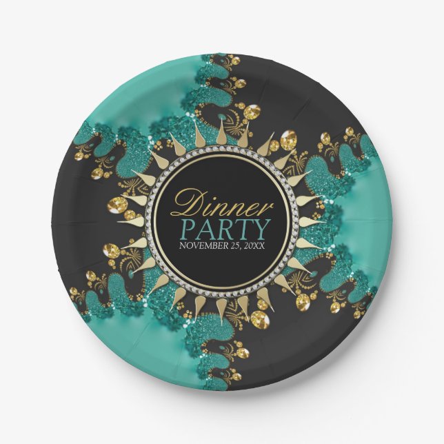 Assiettes En Carton Turquoise Black Gold Fractal Swirl Dîner Invitatio (Devant)