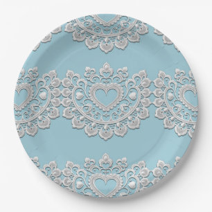 Assiettes En Carton Turquoise Bleu Blanc Dentelle Cœur Mariage Nuptial