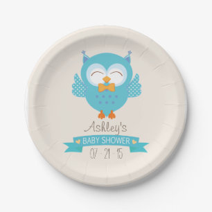 Assiettes En Carton Turquoise Bleu & Purple Boy Owl Baby shower