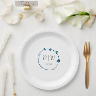 Assiettes En Carton Turquoise Bleu Simple Coeur Wreath Monogramme Mari