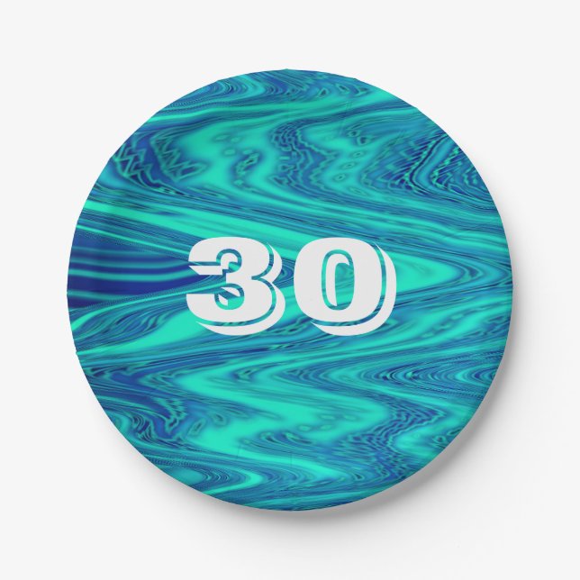 Assiettes En Carton Turquoise Blue Waves Abstrait 30e anniversaire âge (Devant)