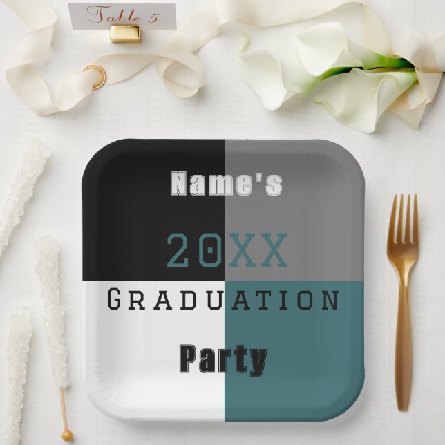Assiettes En Carton Turquoise fête de graduation personnalisée en noir (Mariage)