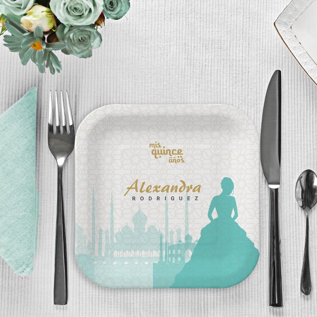 Assiettes En Carton Turquoise & Gold Arabian Quinceañera (Créateur téléchargé)