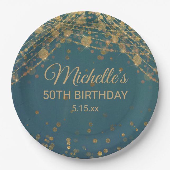 Assiettes En Carton Turquoise Gold String Lights Parties scintillant A (Devant)