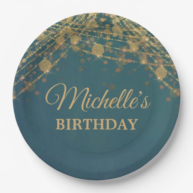 Assiettes En Carton Turquoise Gold String lumières Fête d'anniversaire (Devant)