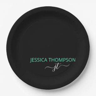 Assiettes En Carton Turquoise Noir Simple Script Monogramme Nom
