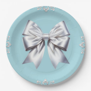 Assiettes En Carton Turquoise Œuf de Merle Bleu Grand Nœud Blanc Maria