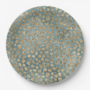 Assiettes En Carton Turquoise or bleu vert brillant Empreinte de léop