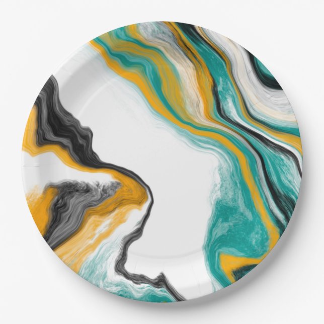 Assiettes En Carton Turquoise, Or, Marbre Fluide Art (Devant)