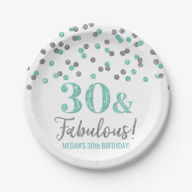 Assiettes En Carton Turquoise Silver Confetti 30 et Fabulous (Devant)