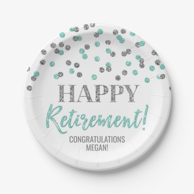 Assiettes En Carton Turquoise Silver Confetti joyeuse retraite (Devant)
