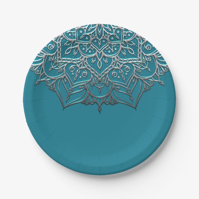 Assiettes En Carton Turquoise & Silver Mandala Elegant Minimal Mariage (Devant)