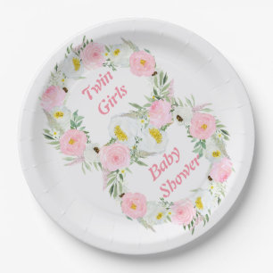 Assiettes En Carton Twin Girls Baby shower d'aquarelle rose Floral