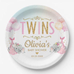 Assiettes En Carton Twin Girls Elephant Baby shower Saupoudrer Whimsic