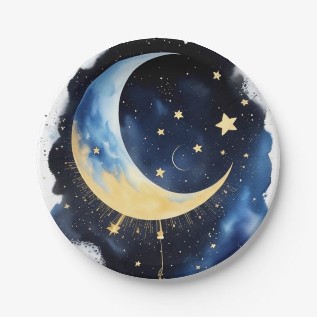 Assiettes En Carton Twinkle Twinkle Baby shower : Lune et étoiles (Devant)