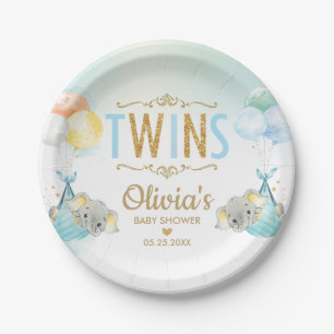Assiettes En Carton Twins Baby Boys Elephant Balloons Baby shower