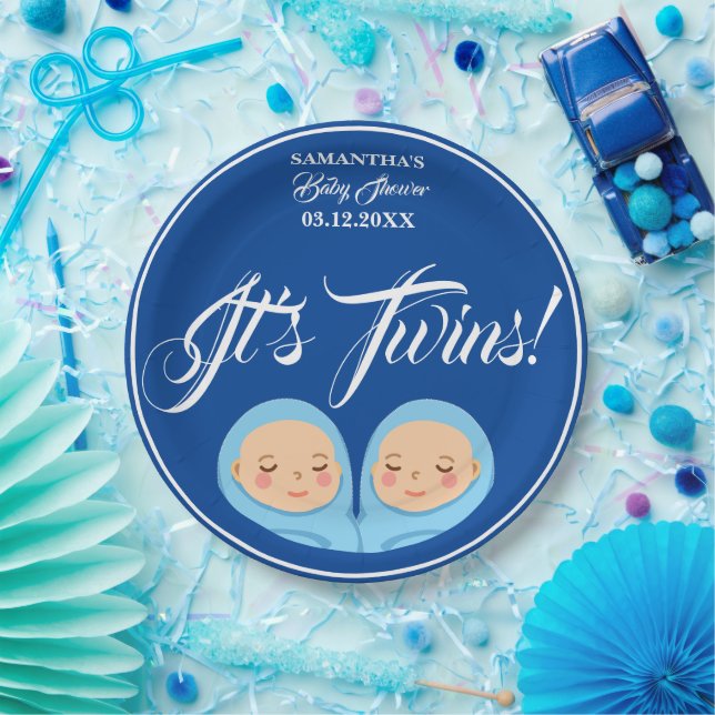Assiettes En Carton Twins Boys Baby shower Party Blue. (Fête)
