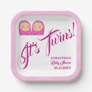 Assiettes En Carton Twins Girls Baby shower Party Rose.