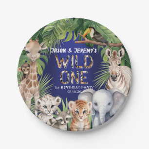 Assiettes En Carton Twins Wild one Navy bleu Jungle thème 1er annivers