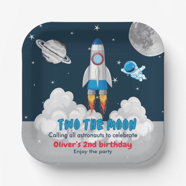 Assiettes En Carton Two The Moon Boy Space Rocket 2e anniversaire (Recto)
