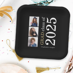 Assiettes En Carton Typographie moderne 3 photos Noir 2023 Graduation