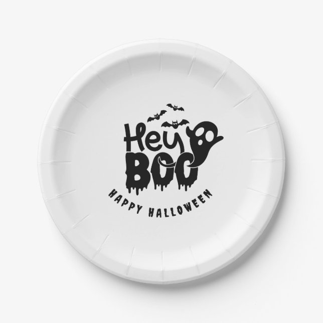 Assiettes En Carton Typographie moderne blanche noire Halloween (Devant)