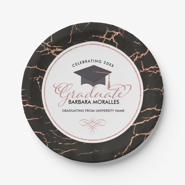 Assiettes En Carton Typographie moderne Rose-or-marbre noir (Devant)