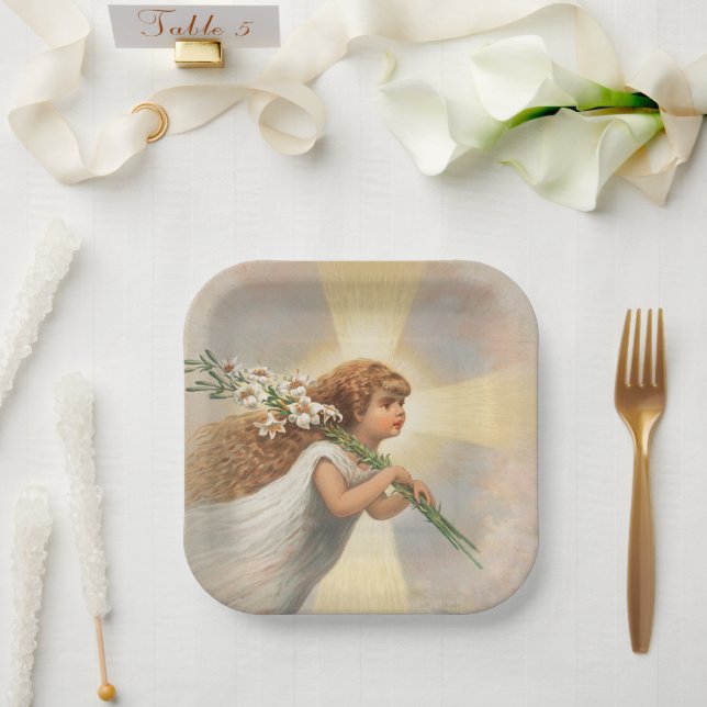 Assiettes En Carton Un ange dans le ciel tenant des lys noël (Mariage)