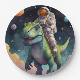 Assiettes En Carton Un astronaute sur Dino dans l'espace