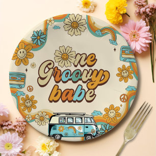 Assiettes En Carton Un Babe Retro Super Arc-en-ciel 1er anniversaire