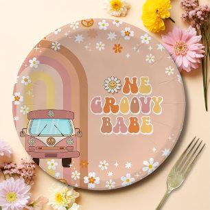Assiettes En Carton Un Babe Retro Super Arc-en-ciel 1er anniversaire