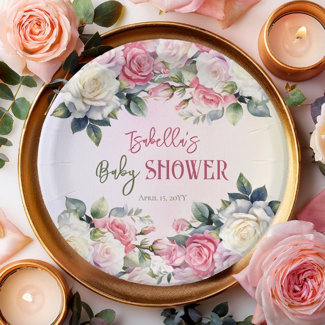 Assiettes En Carton Un Baby shower Floral Un Petit Rose (Pink Rose Floral Bouquets Girl Baby Shower Large Round Paper Plates -- A Little Rose Collection)