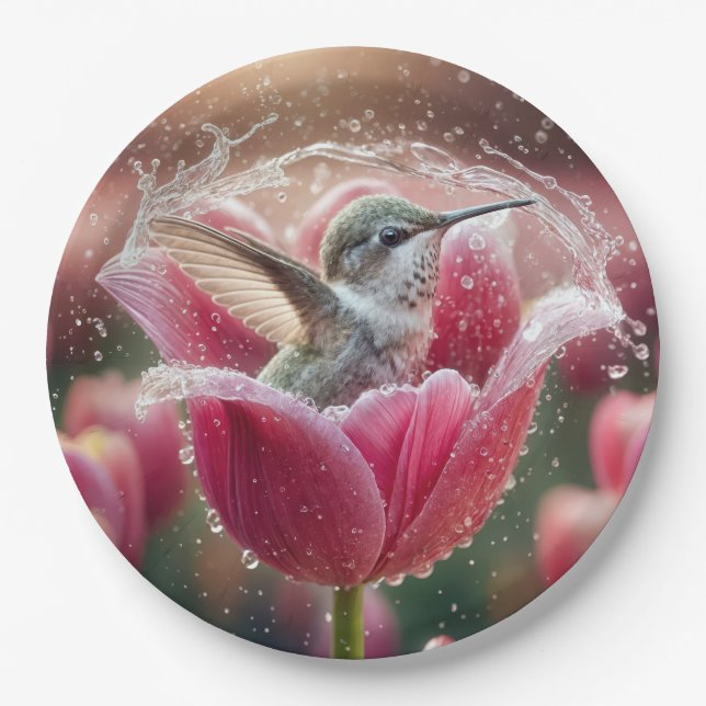 Assiettes En Carton Un colibri se balançant dans une tulipe (Devant)