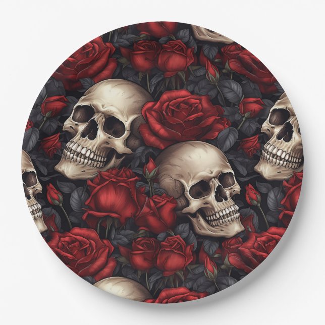 Assiettes En Carton Un crâne et une série Rose 10 (Devant)