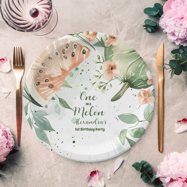 Assiettes En Carton Un dans une pastèque Melon Aquarelle 1er Anniversa (Créateur téléchargé)