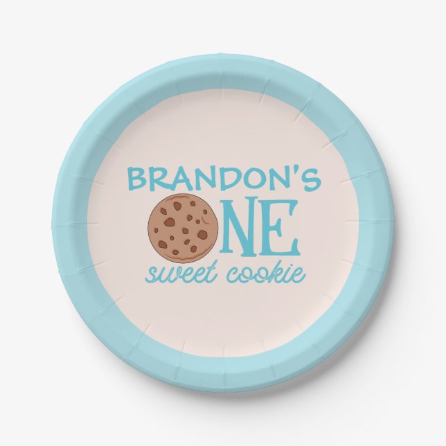 Assiettes En Carton Un doux biscuit bleu premier anniversaire (Devant)