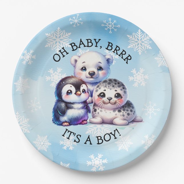 Assiettes En Carton Un garçon | Baby shower d'hiver polaire arctique (Devant)