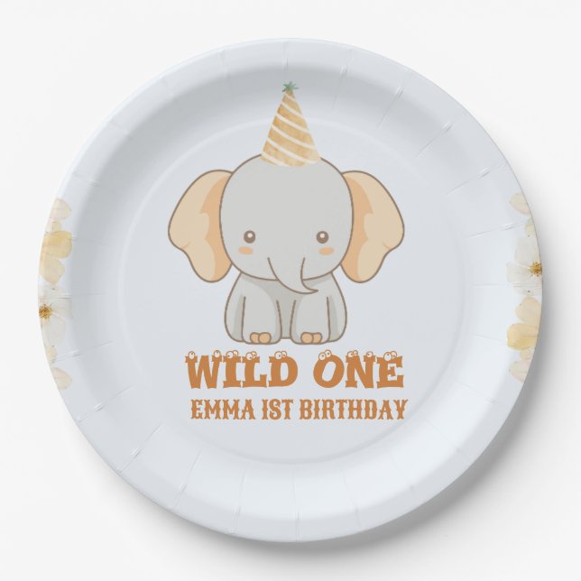 Assiettes En Carton Un joli éléphant sauvage 1er anniversaire (Devant)