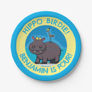 Assiettes En Carton Un joli hippo avec dessin d'anniversaire personnal