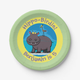 Assiettes En Carton Un joli hippo avec dessin d'anniversaire personnal