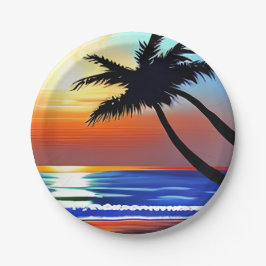 Assiettes En Carton Un joli palmier tropical et océan